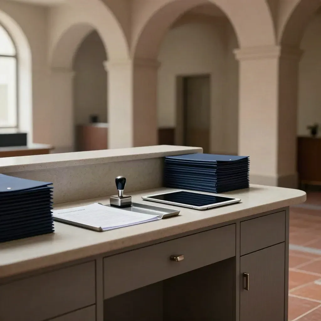 Console funebre ordinata con cartelline, tablet spento e timbro metallico in ufficio silenzioso.