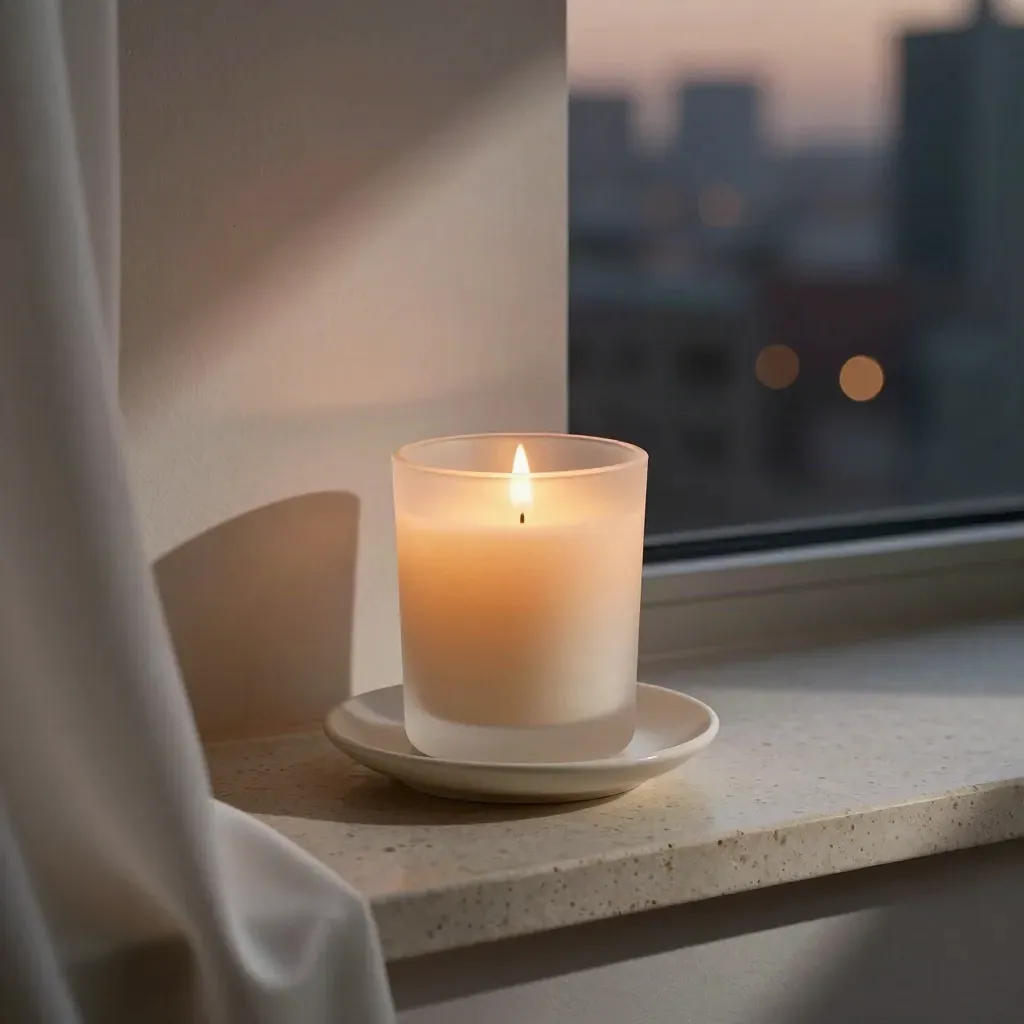 Candela digitale in vetro satinato su piattino in ceramica, al crepuscolo con riflessi urbani.
