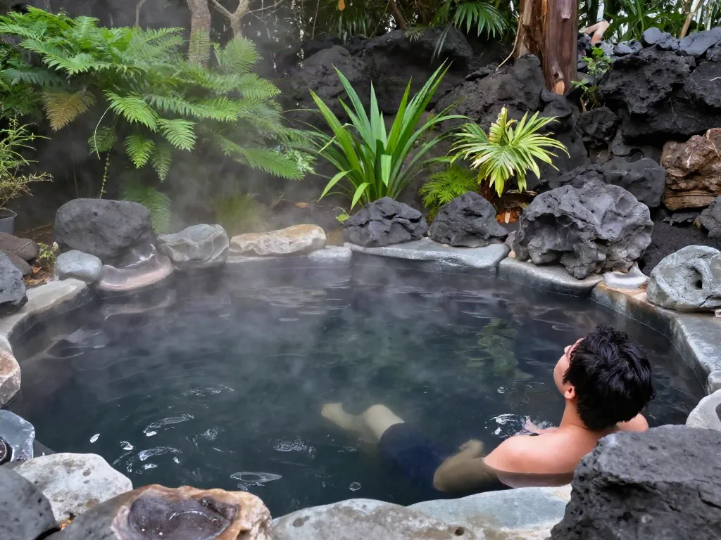 Enjoying the soothing mineral waters at rokok88 onsen retreat, surrounded by nature.